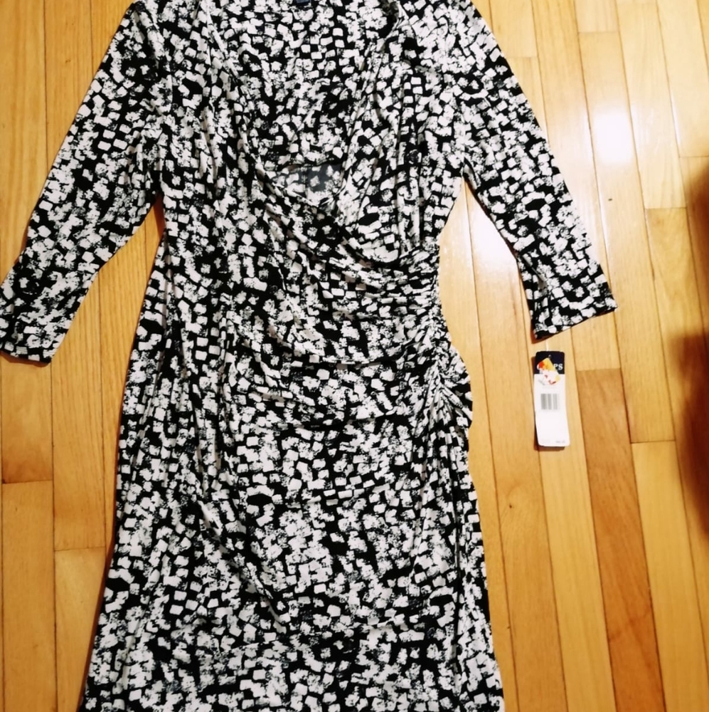 Chaps Black and White Wrap-Style Dress